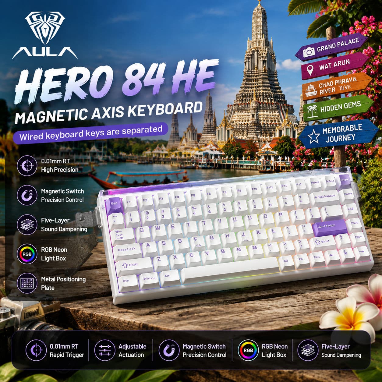 Teclado Mecânico Magnético AULA Hero84HE, Efeito Hall, Gatilho Rápido, Layout 84 Teclas, Teclado Gamer RGB para eSports