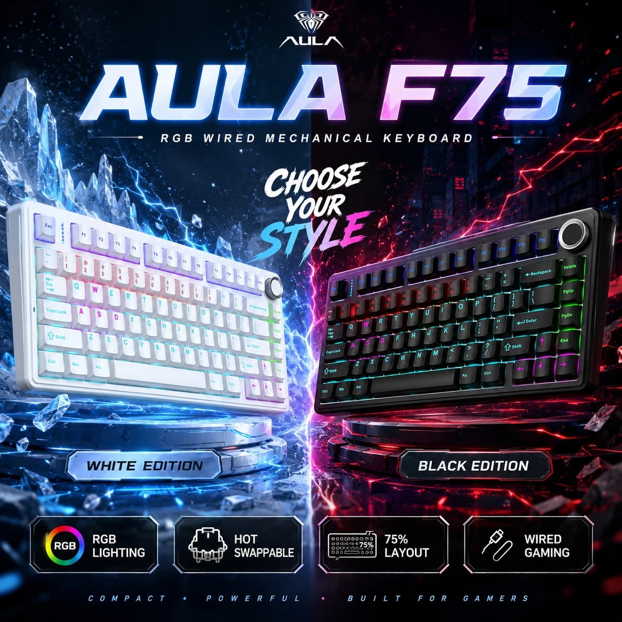 Teclados AULA F75 Teclados Mecânicos com Fio 75% ANSI US Estrutura em Gaxeta Troca a quente Retroiluminação RGB com