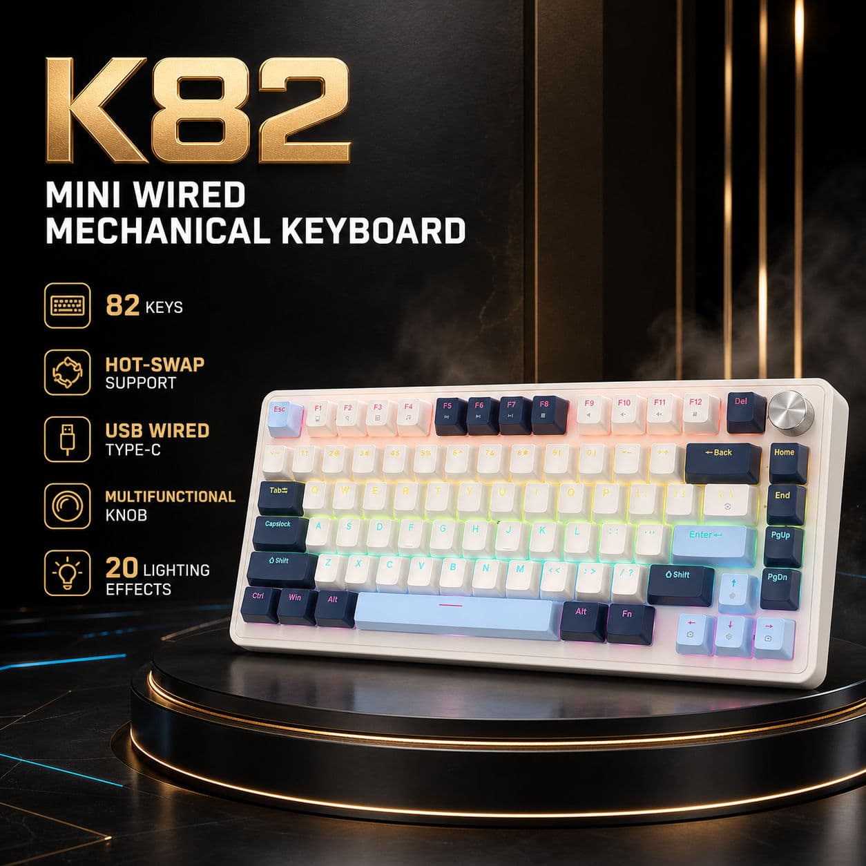 Teclado de jogos APAYADO K82, teclado mecânico, teclado numérico, conexão USB com fio, troca rápida de teclas, layout