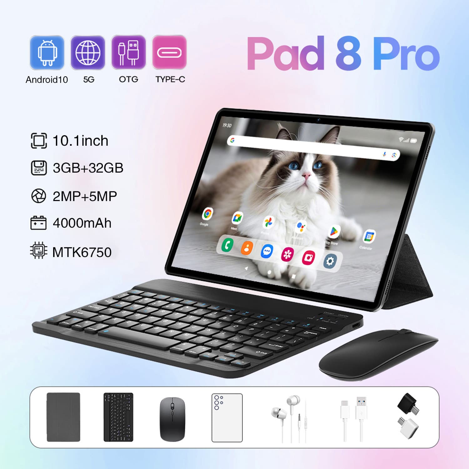 Tablet Android mais vendido de 10,1 polegadas, 3 GB de RAM 32 GB de ROM, câmera HD 5 MP, com teclado e mouse