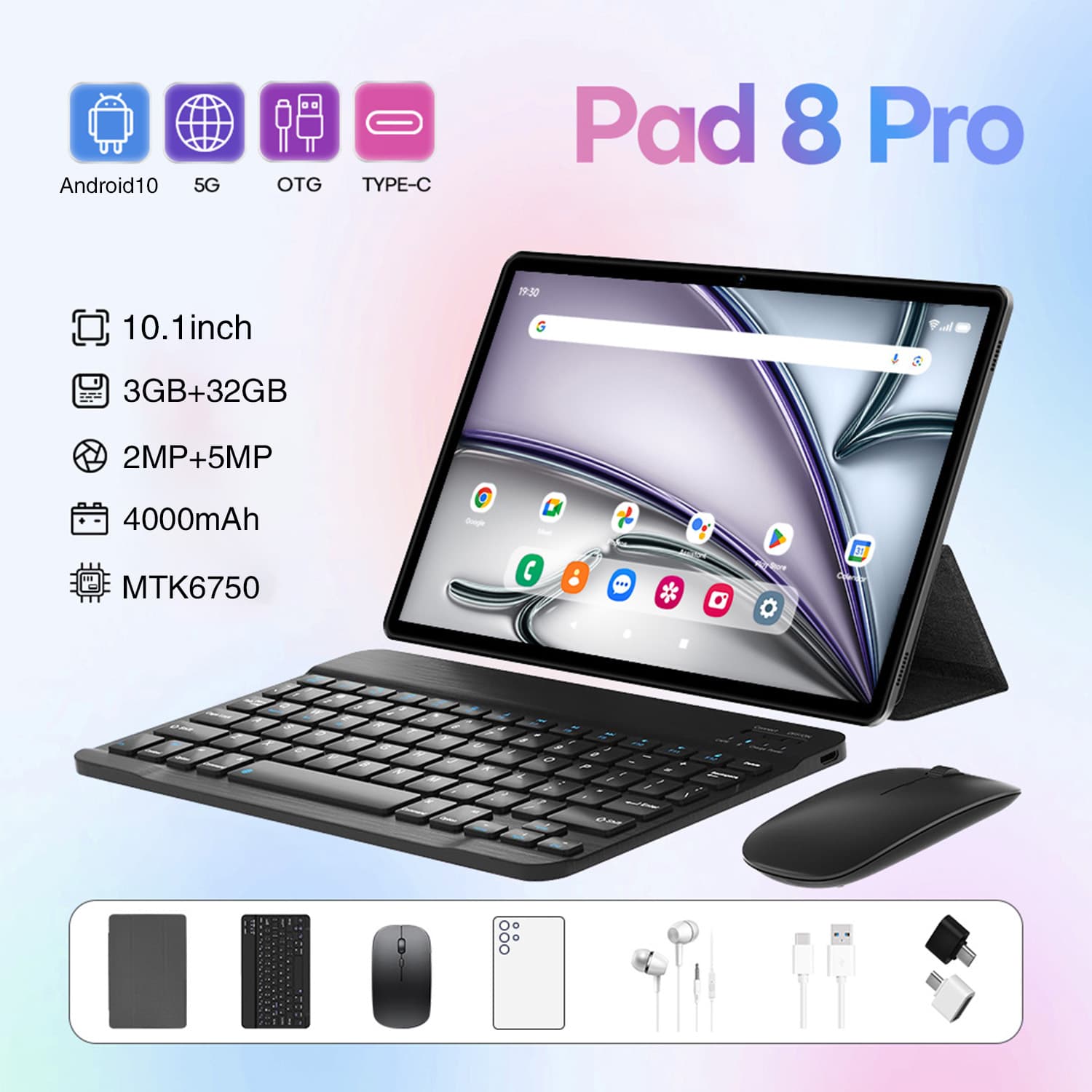 Novo tablet Android de 10,1 polegadas, 3GB+32GB de armazenamento, câmera HD de 5MP, teclado e mouse destacáveis para