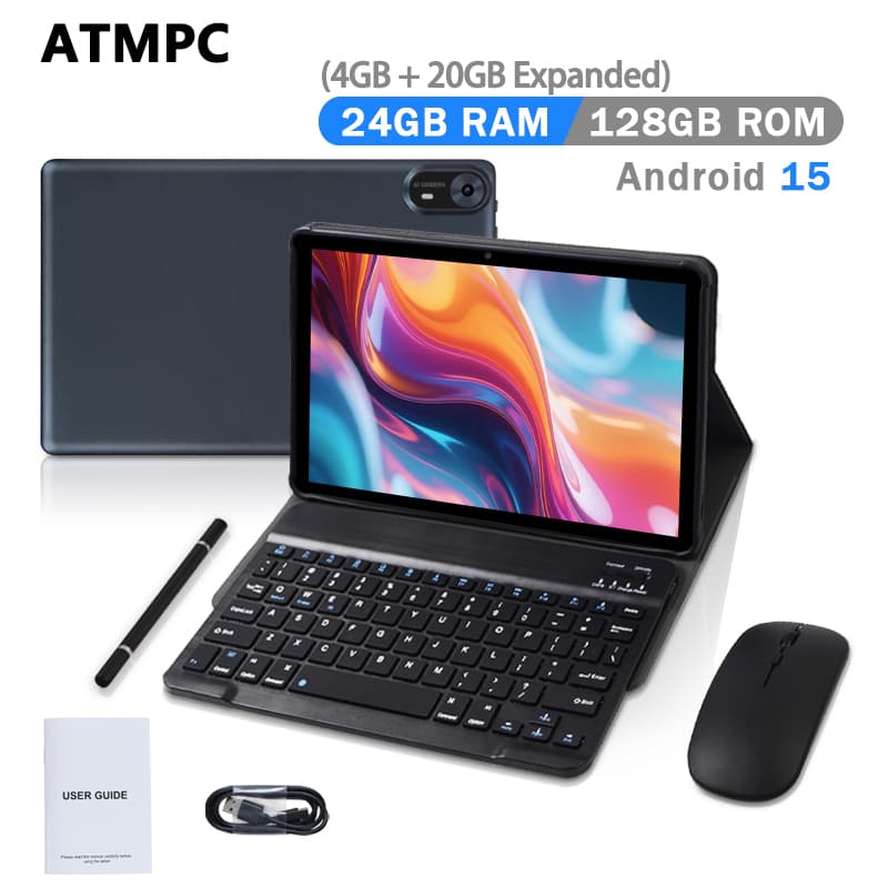Tablet Android ATMPC 15, 24GB de RAM, 128GB de armazenamento, bateria de 6000mAh, carregamento USB-C, inclui teclado,