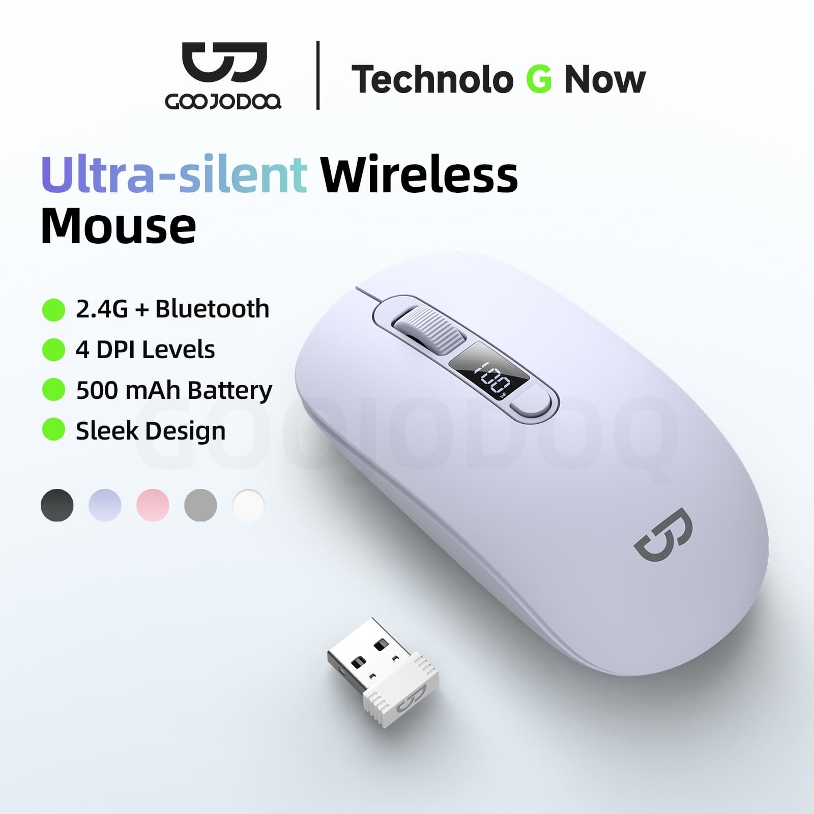 GOOJODOQ Mouse Bluetooth Sem Fio 2.4GHz, Modos Duplos, Ergonômico, Mini e Portátil, para Laptop, Ultra Silencioso