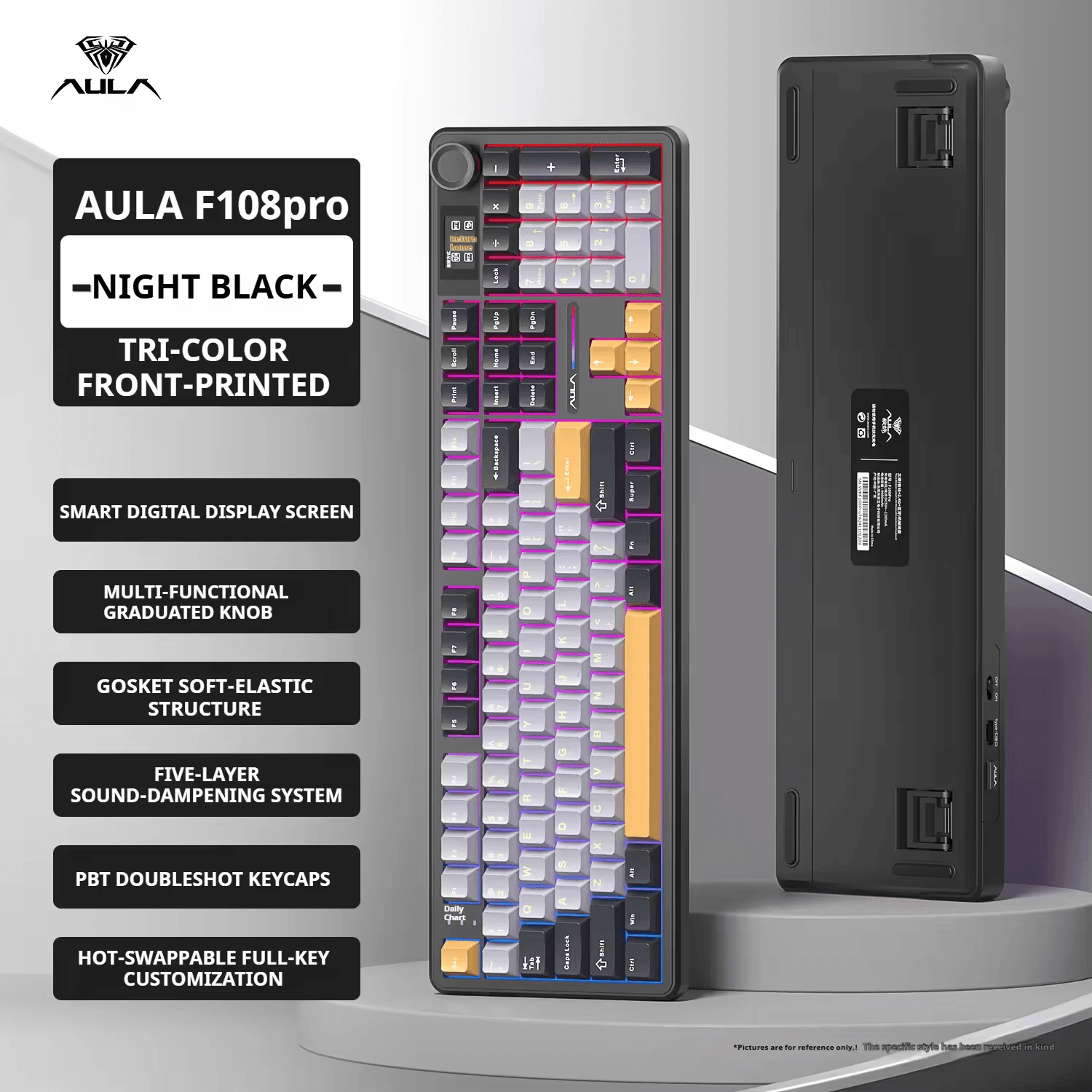 Teclado Mecânico Sem Fio AULA F108 PRO com Tela e Botão, Teclado Gamer Substituível a Quente, Interruptores