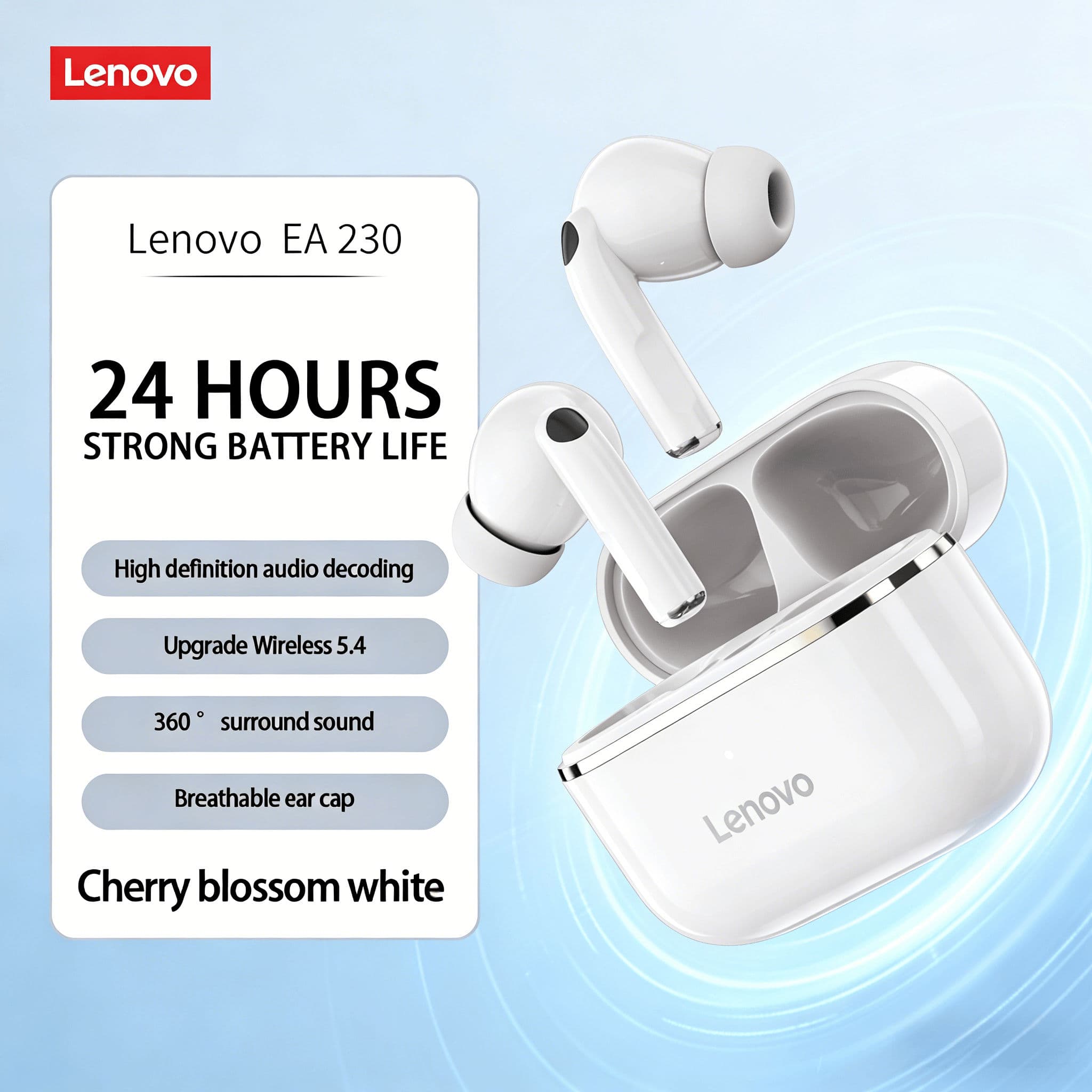 Fones de ouvido Lenovo EA230 Bluetooth 5.4 TWS Fones de ouvido ergonômicos com som HiFi 40 horas de bateria Fones de