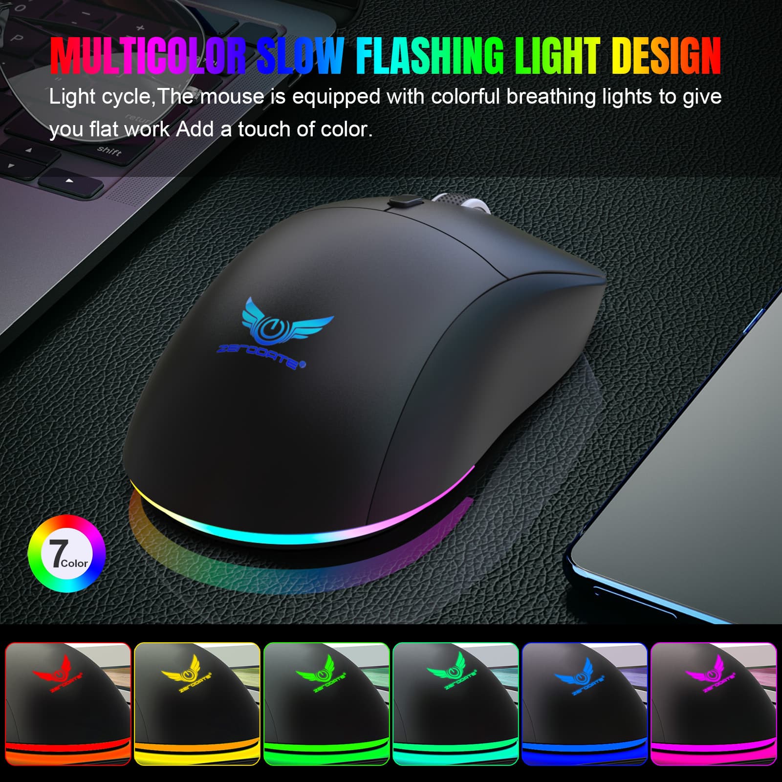 ZEROGATE T25 Mouse Sem Fio Dual Mode, Mouse Gamer Silencioso Recarregável, Bluetooth 5.2 + 2.4G, Retroiluminação RGB