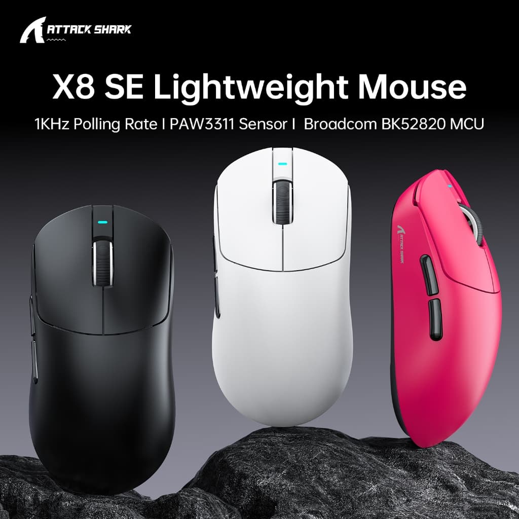 Mouse Gamer Attack Shark X8 SE Sem Fio 55g Ultra-Leve 1KHz com fio/sem fio PAW3311 25K DPI Tri-Modo 80M cliques