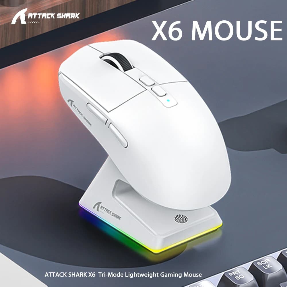 Mouse Gamer Bluetooth Attack Shark X6 Tri-Modo 26000DPI Com Fio/Sem Fio RGB Base de Carregamento Magnética PixArt