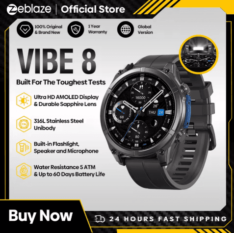  Zeblaze VIBE 8 - Smartwatch Masculino com Tela AMOLED 1.43, Monitor de Frequência Cardíaca e Pressão Arterial, Chamada