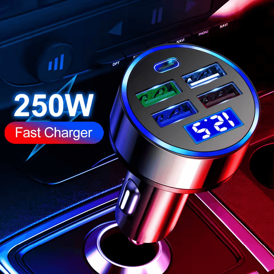 Carregador Veicular USB 5 Portas 69W com PD QC3.0 - Adaptador de Carregamento Rápido Turbo para iPhone Samsung Xiaomi