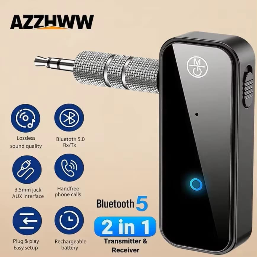  Adaptador de Áudio Bluetooth 6.0 AUX 3,5 mm 2 em 1 Receptor e Transmissor para Caixas de Som de Carro, Fones de Ouvido,