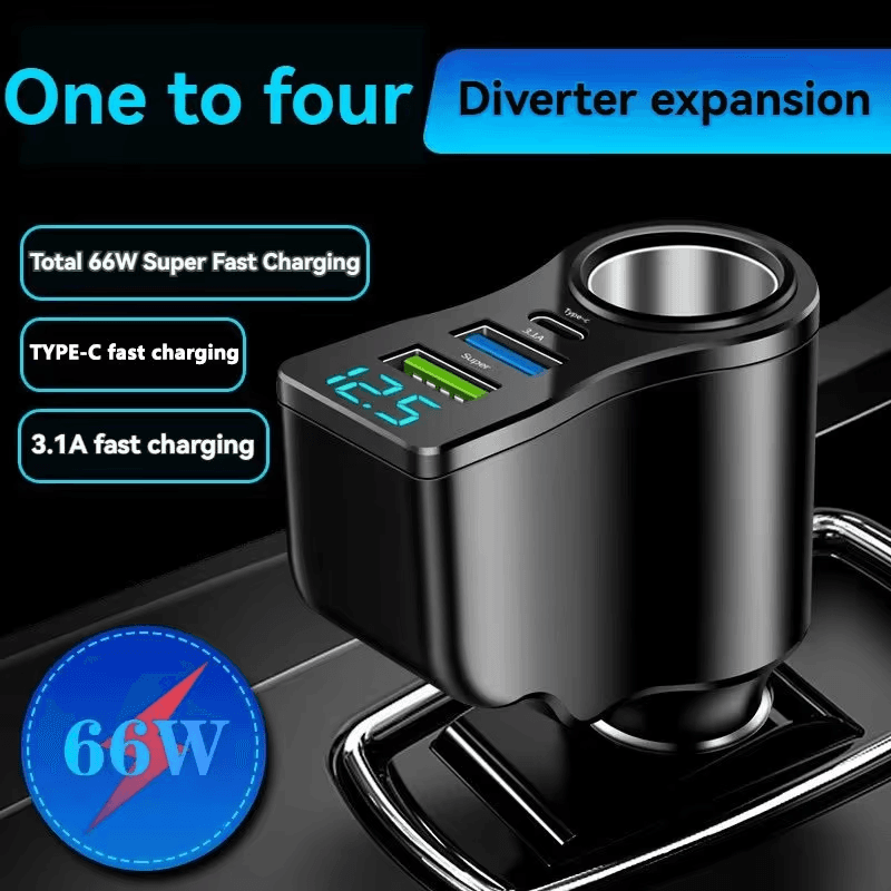Carregador veicular USB-C 66 W com carregamento rápido e adaptador de duas portas com display digital
