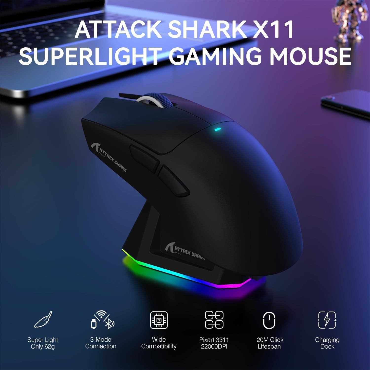 Dock de Carregamento para Mouse Gamer Sem Fio ATTACK SHARK X11, Sensor Gamer PixArt PAW3311, Origem BT/2.4G Sem Fio/Com