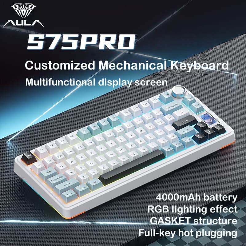  Teclado Mecânico Sem Fio AULA S75Pro, Estrutura de Junta, Troca a Quente Total, Iluminação RGB, Teclado para Tablet e