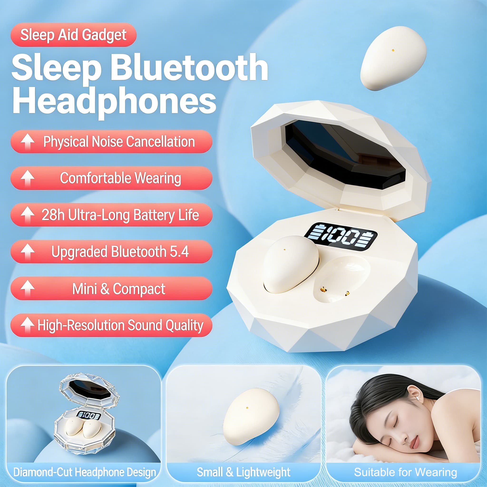 Fones de ouvido mini TWS sem fio, fones de ouvido Bluetooth para dormir, fones de ouvido invisíveis com redução de